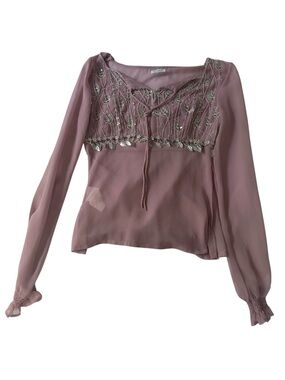 Motivi Dusty Rose Embroidered Tie-Front Chiffon Blouse